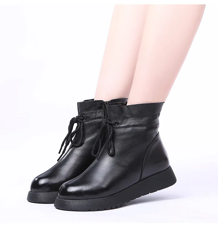 30℃ Wool Fur warm Cow Leather ankle boots women winter Genuine Leather botas Lace up plush Cotton snow Boot Slip On shoes