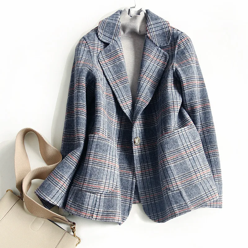 

Shuchan 80% Wool Woman Coats Winter 2019 Turn-down Collar Pockets Single Button Plaid Coats and Jackets Women High Quality