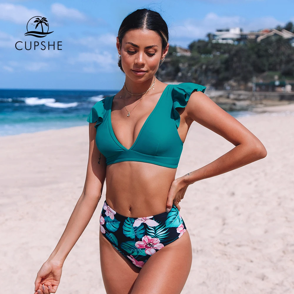 Swimsuit Bikini-Sets Beachwear Bathing-Suits Cupshe Blue Floral Two-Pieces High-Waist