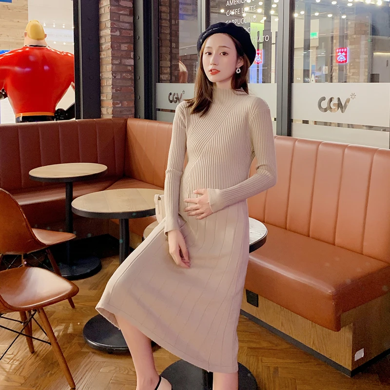 

A1102# Autumn Winter Korean Slim Knitted Maternity Sweaters Slim Bodycon Elegant Long Dress Clothes for Pregnant Women Pregnancy