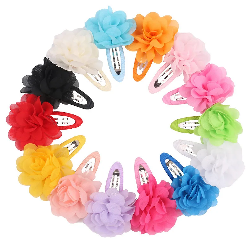 

Europe And America Children Baby Floral Headdress Barrettes 5cm Chiffon Flower Ribbon BB Side Clip 15 Color Selectable