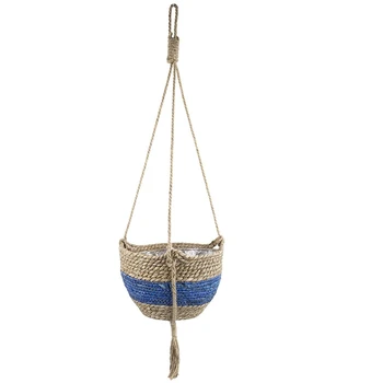 

Outdoor Hanging Flower Pot, Natural Seaweed Basket, Indoor Planting Pot, Blue