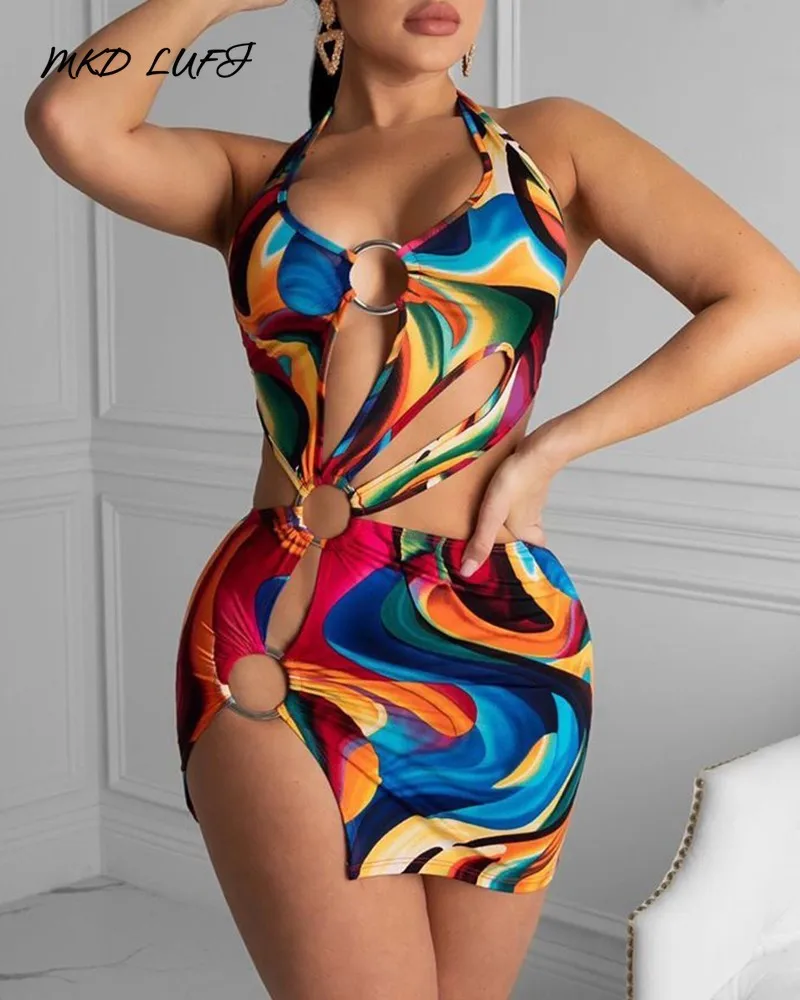 Summer Sexy Hallow Out Halter Short Dress Women Colorful Print Slit Cut Mini Bodycon Beach | Женская одежда