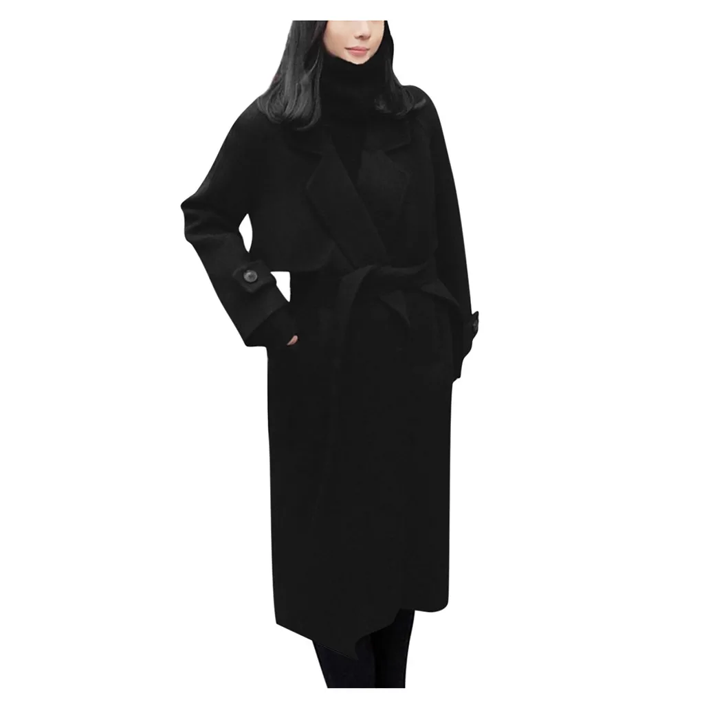 Тонкое женское пальто с длинным рукавом, повседневное приталенное пальто средней длины, зимнее черное пальто, женское модное шерстяное пальто manteau femme hiver
