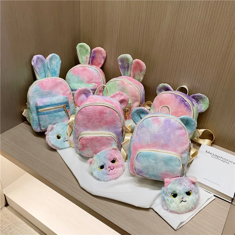

2019 Cute children's Summer New Preppy Style Women Plush Backpacks Female Casual Simple Zipper Patchwork Canvas Shoulder Bags