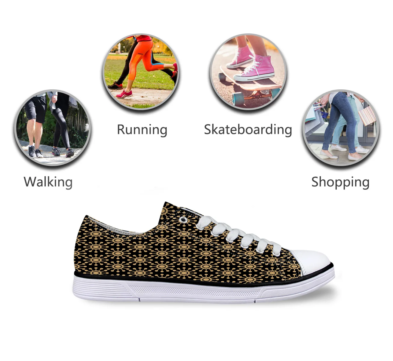Black And Gold Arabic Decoration Unisex Canvas Shoes For Men Classic Flats Canvas Shoes Teen Boys Studnets Low Top Sneakers