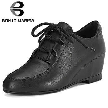 

BONJOMARISA Big Size 34-41 Brand New Genuine Leather Ladies Wedges Pumps Spring Autumn Lace Up Pumps Women Party Ol Shoes Woman