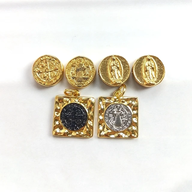 5pcs Vintage Coin Gold Plated Catholic Priest Saint Benedict Round Pendant Square San Benito Medal For Men Women Hallow Jewelry