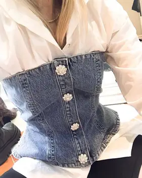 

2020 New Strapless Sleeveless Neck Short Denim Top Rhinestones Buttons Clothes