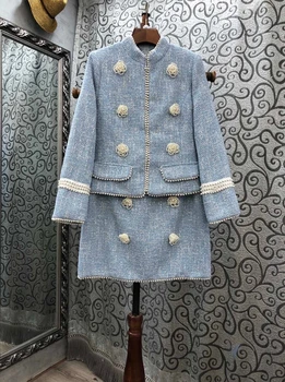 

2020 autumn and winter new women's heavy industry beaded flowers symmetrical decoration long-sleeved woolen blouse + skirt set 8