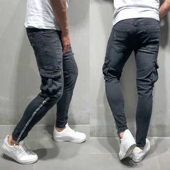 

Gray Skinny Jeans Men Multi-pocket Zipper Slim Cargo Trousers for Men Motorcycle Hip Hop Streetwear Swag Denim Pants
