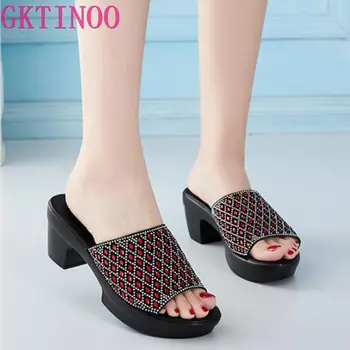 

GKTINOO 2020 SUMMER GENUINE LEATHER WOMEN SANDALS DIAMOND SOFT FACE MOTHER SLIPPERS PLATFORM ANTISKID SANDALS SLIPPERS