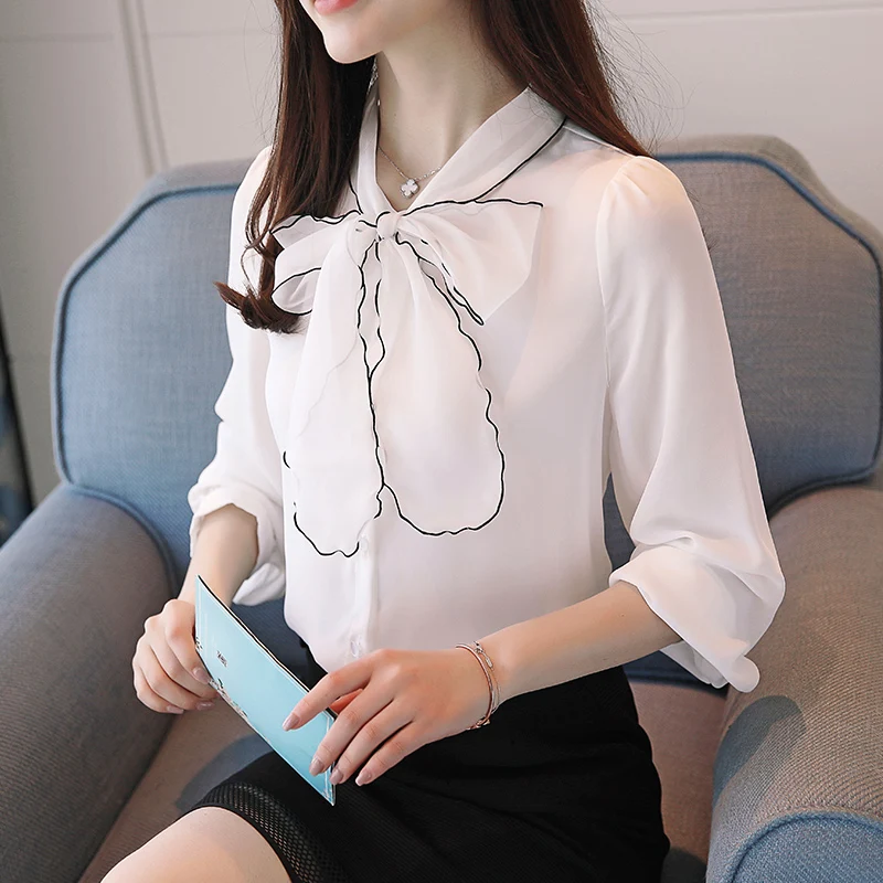 

COIGARSAM Office Lady Full Sleeve Shirt Womens tops New Spring Chiffon Solid Bow Stand Neck Women shirts White 6366