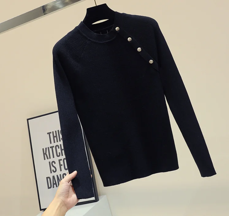 black small button Новая однотонная трикотажная куртка с косой пряжкой, женский белый/черный свитер, Темпераментная Женская трикотажная рубашка, спортивный костюм-боди, джемпер - Цвет: black small button