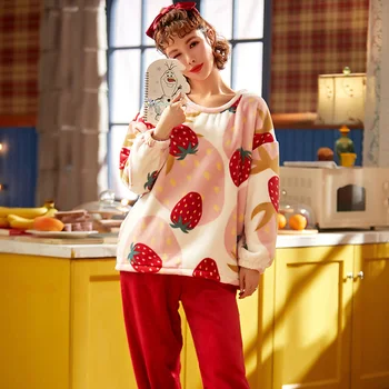 

Red strawberry Sleepwear For Women Winter Flannel Pajamas Set Cute Nighty Long Sleeves Long Pans Pijamas Pyjamas Casual Homewear
