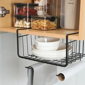 

Kitchen Wall Hanging Storage Bin Under Shelf Wire Rack Cabinet Metal Iron Storage Basket Kitchen Bathroom Organizer Holder Stand