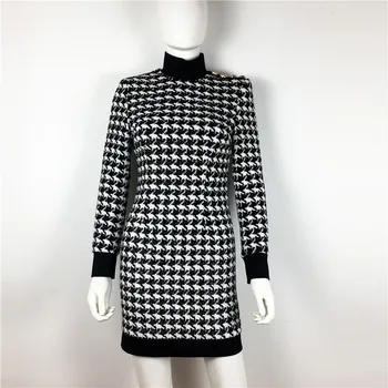 

Bodycon Dress Winter 2019 Fashion Women Turtleneck Long Sleeve Metal Button Elegently Dresses Plaid Lurex Tweed Party Dress
