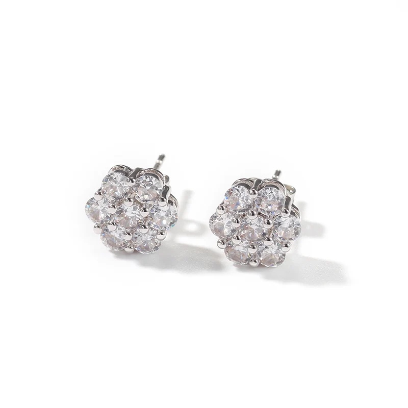 Hip Hop Claw Setting CZ Stone Bling Ice Out Plum Blossom Flower Stud Earring for Women Men Unisex Rapper Jewelry 3