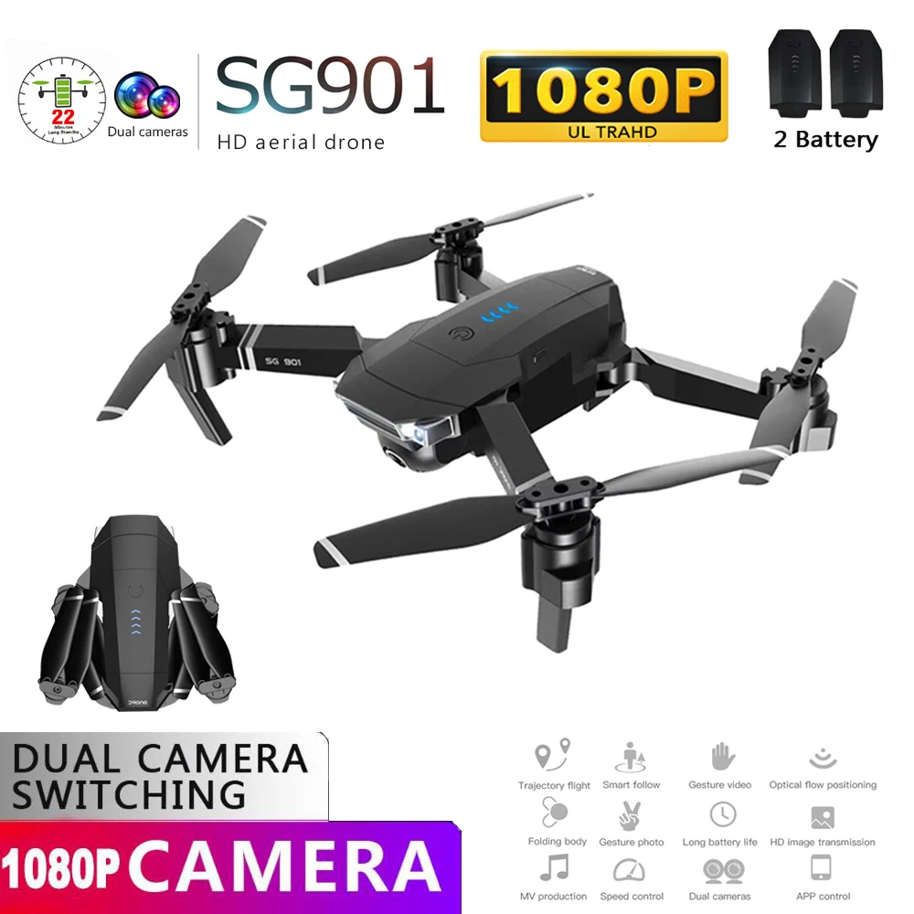 

Hot SG901 Camera Drone 1080P HD Dual Camera 2 Battery Quadrocopter FPV Professional WIFI Camera Drones with Color Box Foam Box