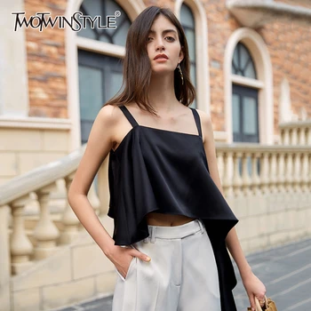 

TWOTWINSTYLE Elegant Asymmteircal Women Vest Square Collar Sleeveless Spaghetti Strap Loose Irregular Hem Vests Female 2020 Tide