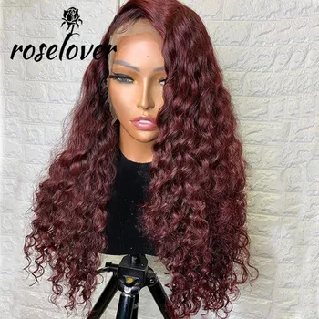 

150% Burgundy Colored T Part Lace Front Human Hair Wigs 99J Curly Human Hair Wig Remy Brazilian Pre Plucked Bleached Knots 8-24"