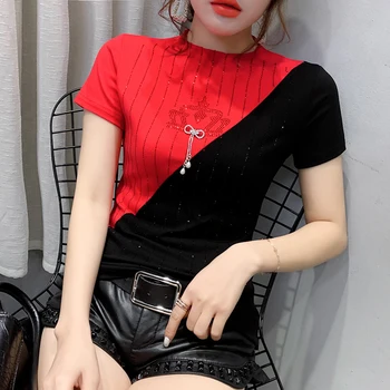 

Summer Fashion Korean Clothes T-shirt Patchwork Shiny Diamonds Women Tops Ropa Mujer Turtleneck Short Sleeve Tee 2020 New T03511