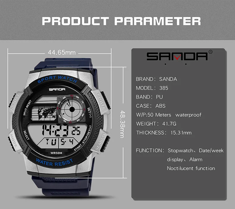 Sanda, новые мужские часы, многофункциональные, цифровые, водонепроницаемые, трендовые, для студентов средней школы, для спорта на открытом
