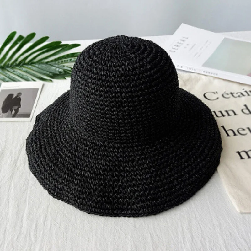 Black Женская летняя пляжная соломенная шляпа, 6 цветов, женская летняя соломенная шляпа с солнцезащитным козырьком, женская шляпа от солнца, гибкая шляпа - Цвет: Black