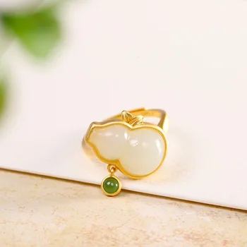 

MetJakt Fashion Vintage S925 Sterling Silver Gold-plated Gourd-shaped Inlaid Hetian Jade Ladies Ring