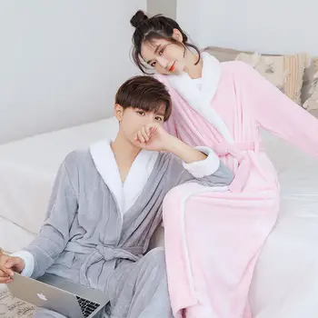 

Women Men Nightgown Lounge Sleepwear Thicken Warm Couple Style Flannel Robe Winter Long Sleeve Bathrobe Sexy V-Neck Home Clothes