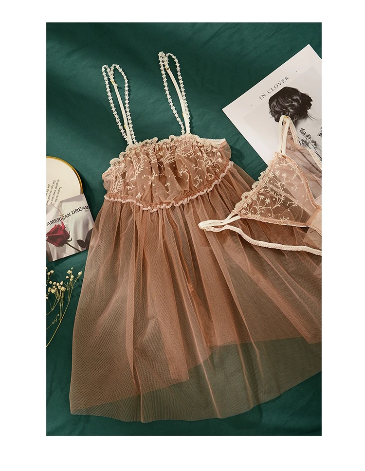 Womens Clothing Sexy Thin Short Strapless Lace Sling Perspective Light Brown Mesh Nightdress Set Sleepwear Set Lingerie Dress