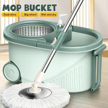 

360° Spin Mop with Bucket Rod 2 Fiber Heads Set Washable Easy Wring Cleaning System Stainless Steel Spin Dry Mop Floor Clean
