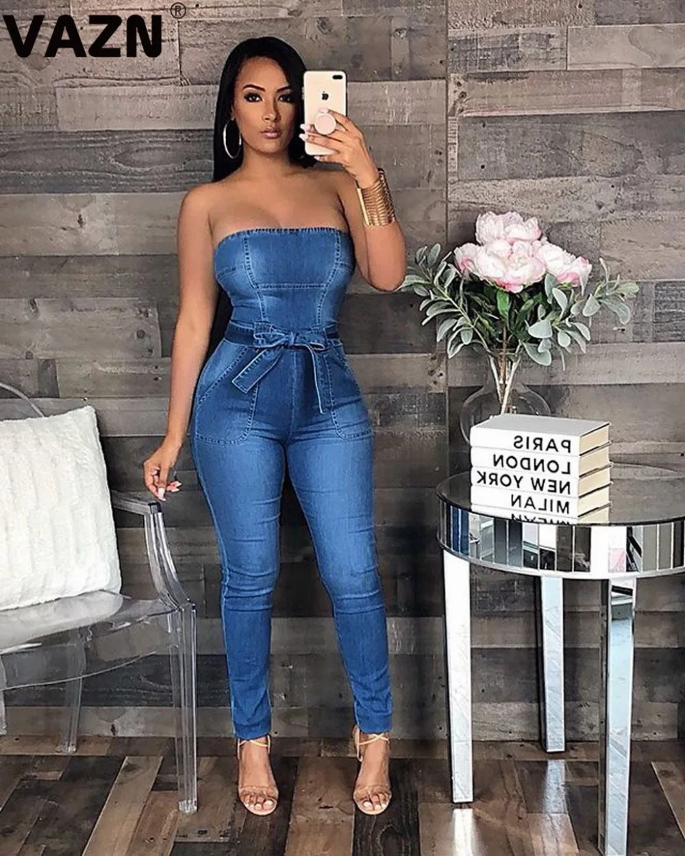 VAZN GMOS1757 new strapless girl blue bandage casual night club young jumpsuit sleeveless long pant jumpsuits sexy wind rompers
