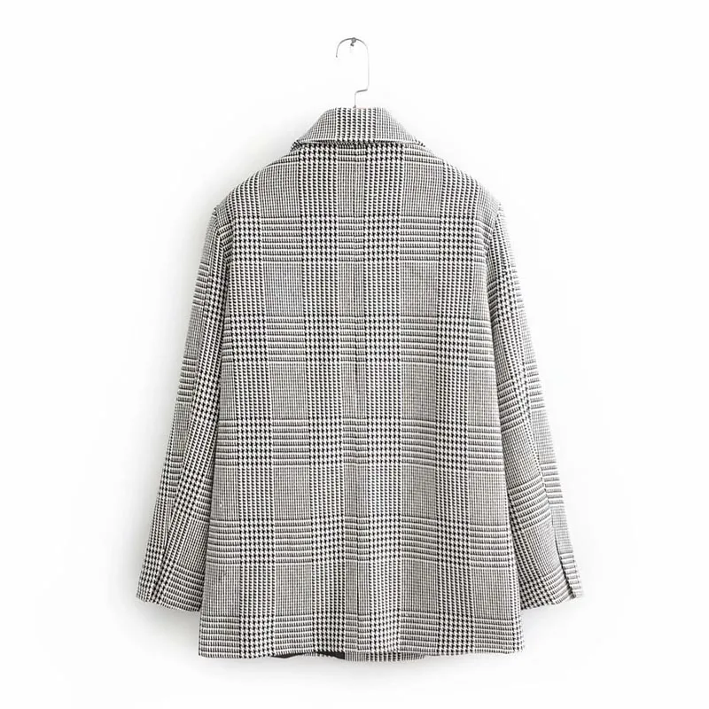 WT908 European Design Double Breasted Houndstooth Plaid Long Sleeve Casual Blazer Streetwear