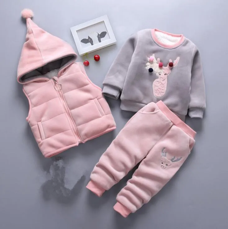 pink deer Новинка, 3 предмета в комплекте, зимние комплекты детской одежды хлопковый Рождественский зимний комбинезон с оленем, плотный теплый свитер, костюм для девочек и мальчиков, детская одежда - Цвет: pink deer
