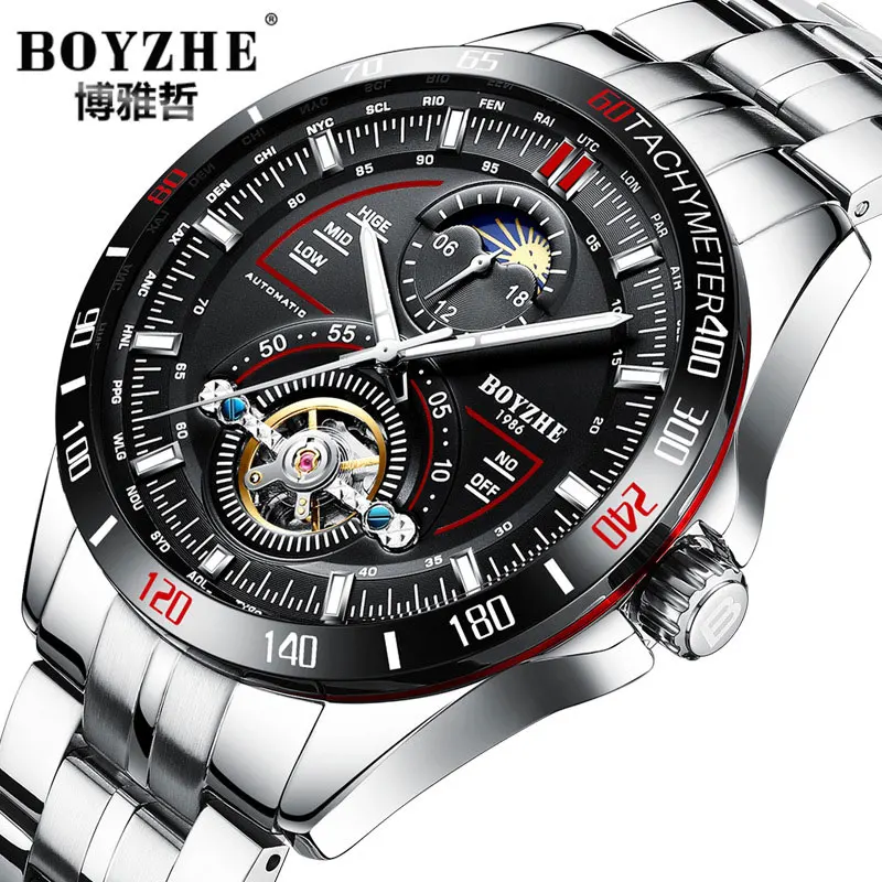 BOYZHE новые автоматические механические часы мужские Tourbillon часы Мужские 316 стальные часы 30 м водонепроницаемые спортивные часы светящиеся - Цвет: Black-2