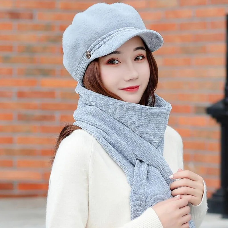 HANGYUNXUANHAO Women French Beret Hat Scarf Set Winter Warm Lady Hat Chenille Elegant Beanie Cap