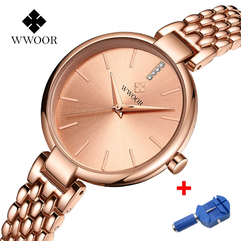 WWOOR Роскошные Кварцевые часы для женщин розовое золото Дамское Платье девочек