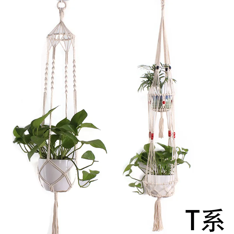 Horticulture Flowerpot String Bag Hand-woven Natural Thin Cotton Rope String Bag Basket Meat Plant Lanyard Wooden Stick Tapestry