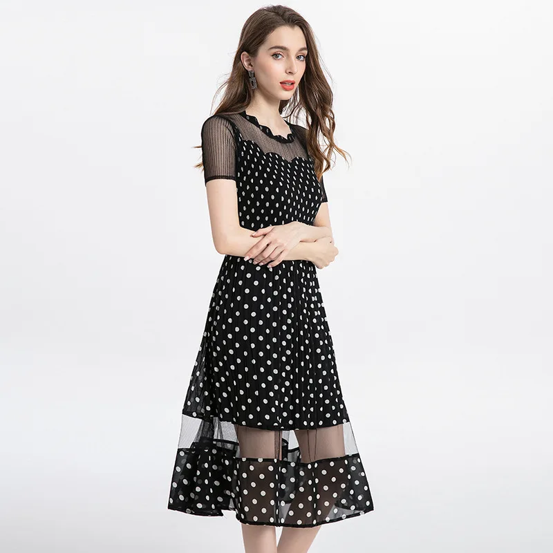 

Dress Summer Plus Size Women Dot Chiffon Patchwork Mesh Round Neck Short Sleeves Elastic Miyake Pleated Elegant Dress Midi