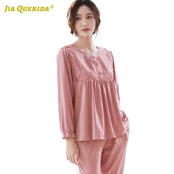 

100% Cotton Soft New Solid Short Sleeve Long Pants Sleepwear Fashion Casual Style Plus Size Homeclothes Homesuit Spring Autumn
