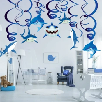 

Cartoon Sharks Spiral Hanging Swirl Shark Cute Cartoon Cake Topper Flag Kids Birthday Party Decoration Baby Shower Party Supplie