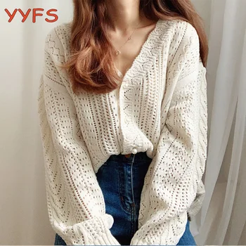 

Women's Cardigan Hollowout Design Casual knit Sweaters Female Street pullover Pearl buttons Sweater Woman 2020 Pull Cardigan