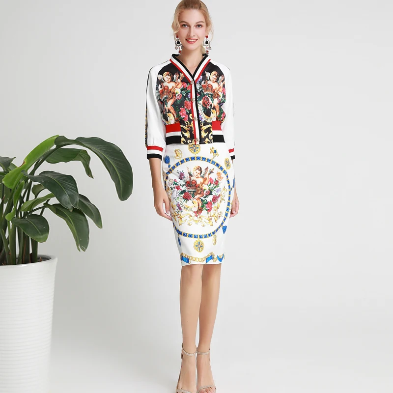 

Xiaomoli Autumn 2019 New Angel Printed Short Coat Half-length Skirt Two-piece Set