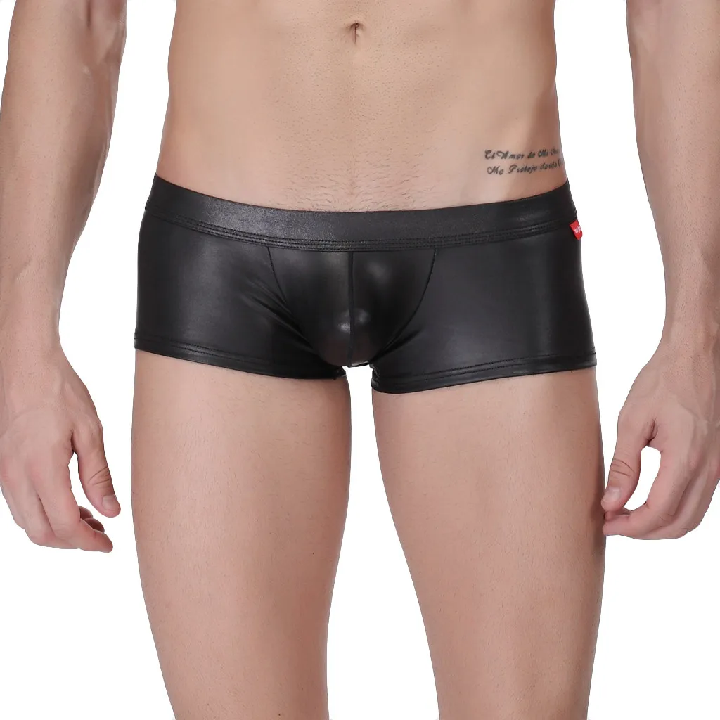 

Men's Sexy Gay Men Boxer Boxershorts Mens PU leather Lacquer Bare Buttocks U Convex Pouch gay Underpants Fashion Male Panties