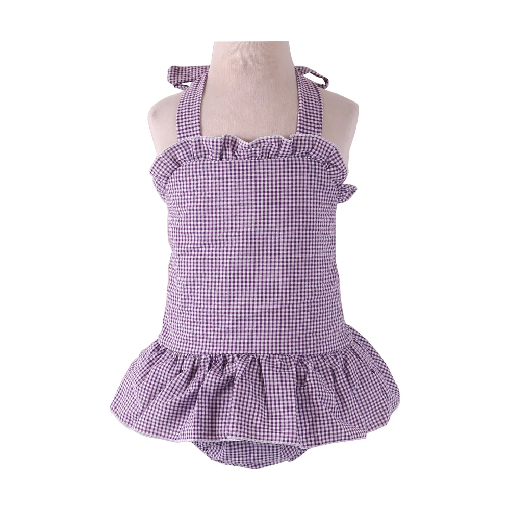 purple plaid Летний детский купальный костюм из хлопка для маленьких девочек, купальник с оборками для младенцев - Цвет: purple plaid