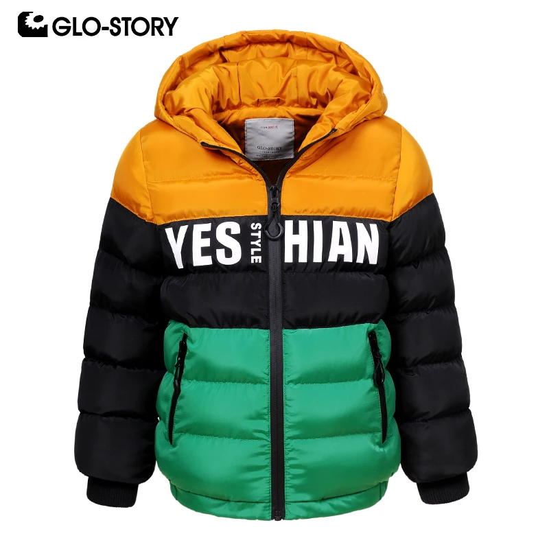 

GLO-STORY Fashion Little Boy Thick Winter Jacket with Hooded Letter Patchwork Zipper Kid's Coats Streetwear 92-128CM BMA-9195