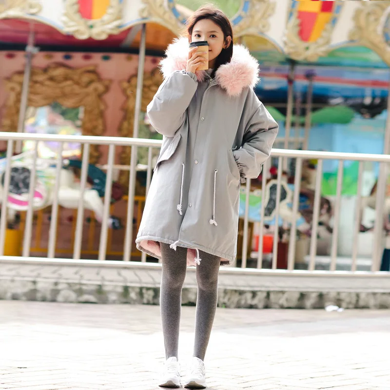 

2018 Winter Korean-style Sweet Hipster Loose-Fit Mid-length Large Fur Collar Dehaired Angora Lining Thick Cotton Overcoat Fashio