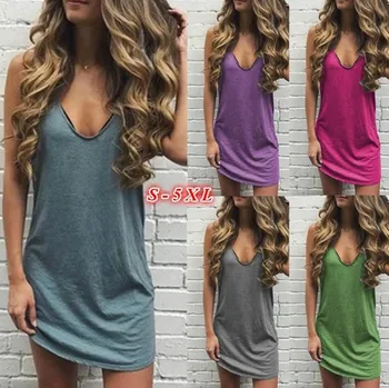 

2020 Summer Loose Plus Size Dress Solid Color Sleeveless Sexy V-neck Simple Fashion Dress S-5XL Optional