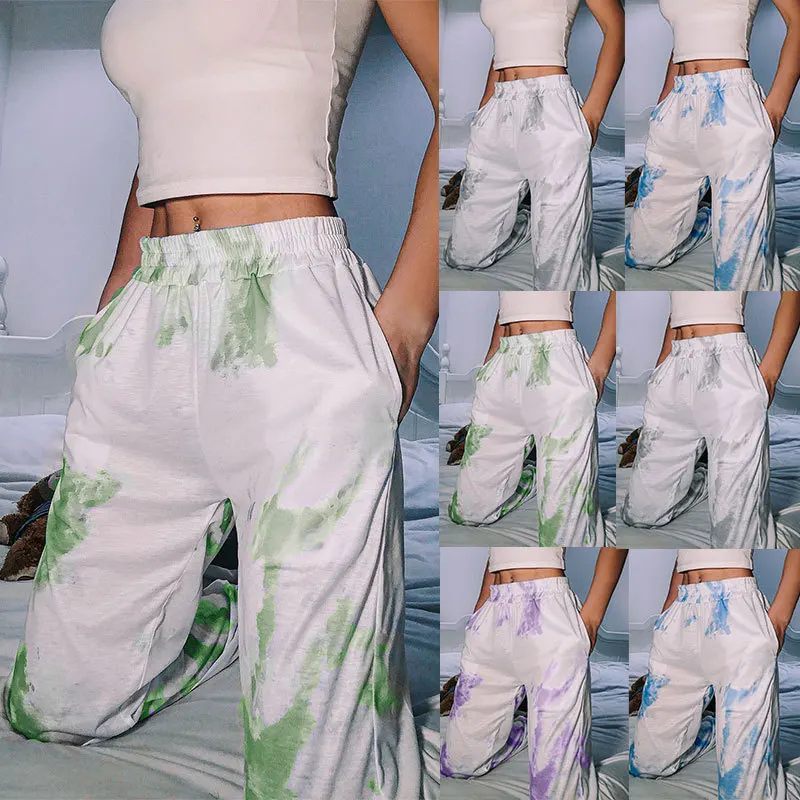 Spring and Autumn Loose High Waist Trousers Women's Casual Tie-Dye Print Loose Pockets Elastic Waist Harem Pants